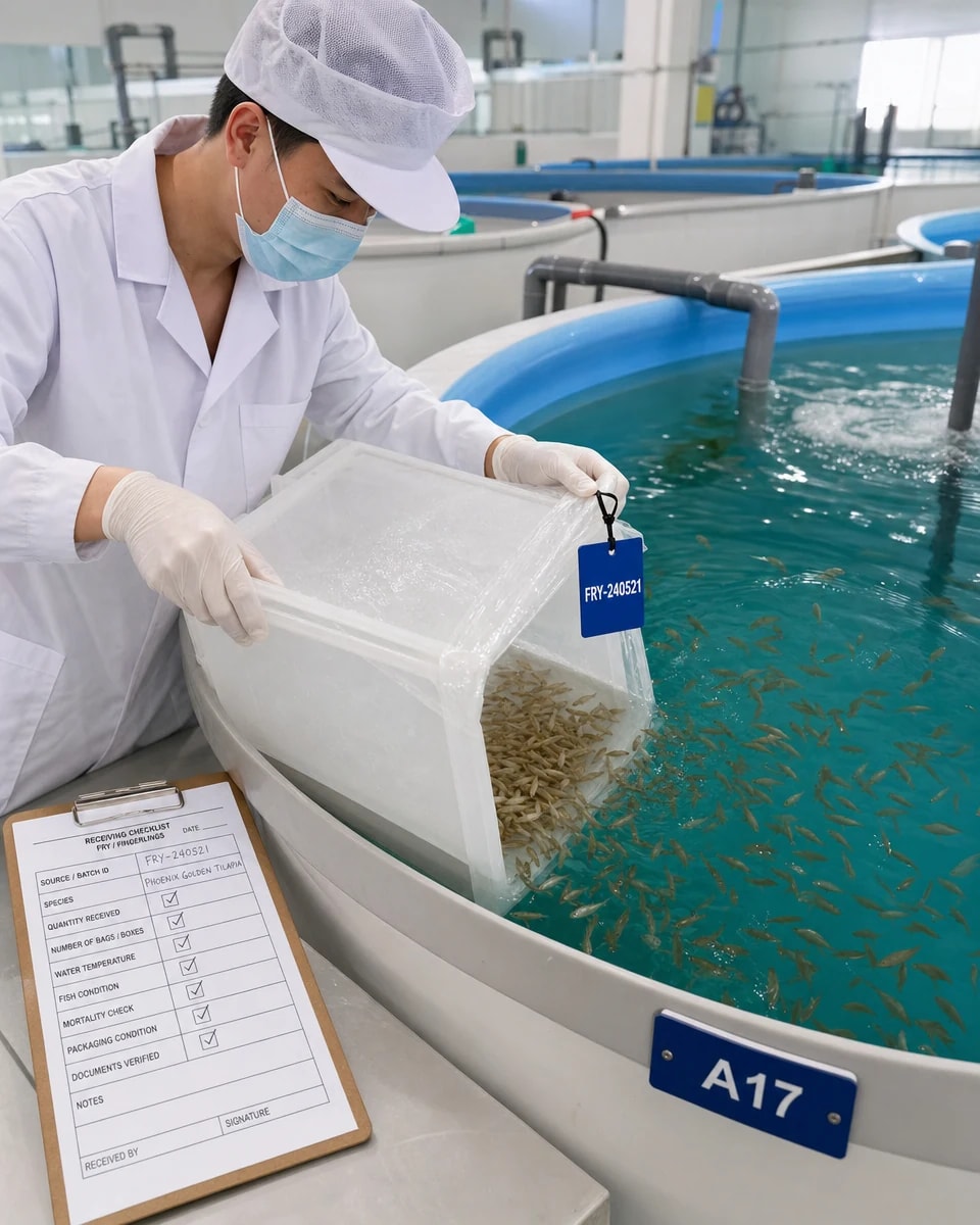 工作人员核对凤凰金鲷鱼苗批次后转入标准化养殖池