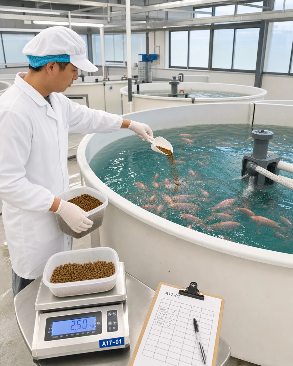 工作人员按称重记录对凤凰金鲷进行阶段投喂