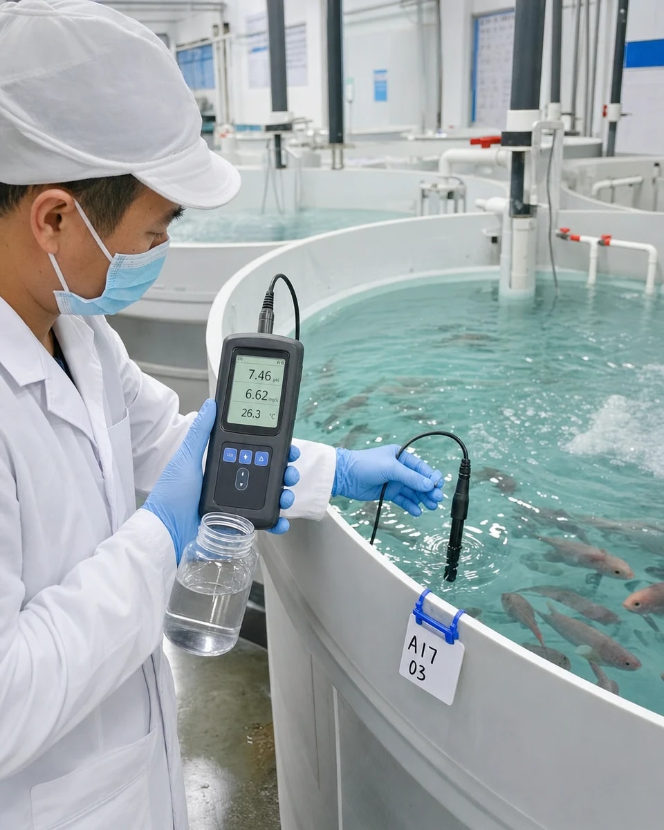 工作人员使用水质检测仪监测凤凰金鲷养殖池水质