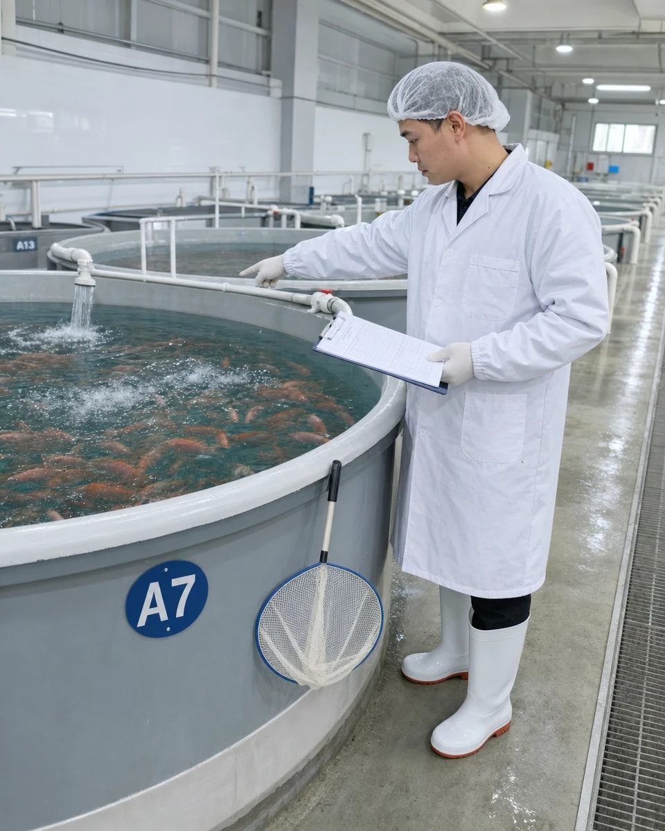 工作人员在标准化养殖池边记录凤凰金鲷巡池情况
