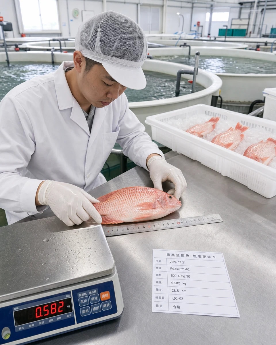 工作人员对凤凰金鲷进行出鱼前规格与重量检测
