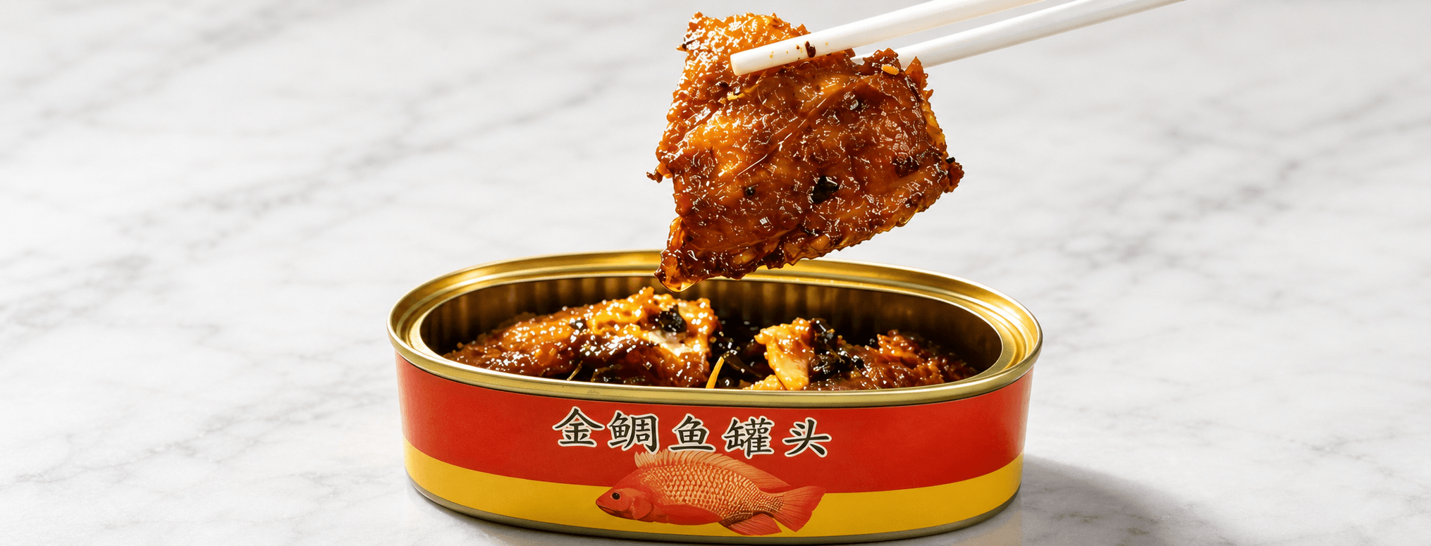 浅色石面上的金鲷鱼罐头与筷子夹起鱼块近景